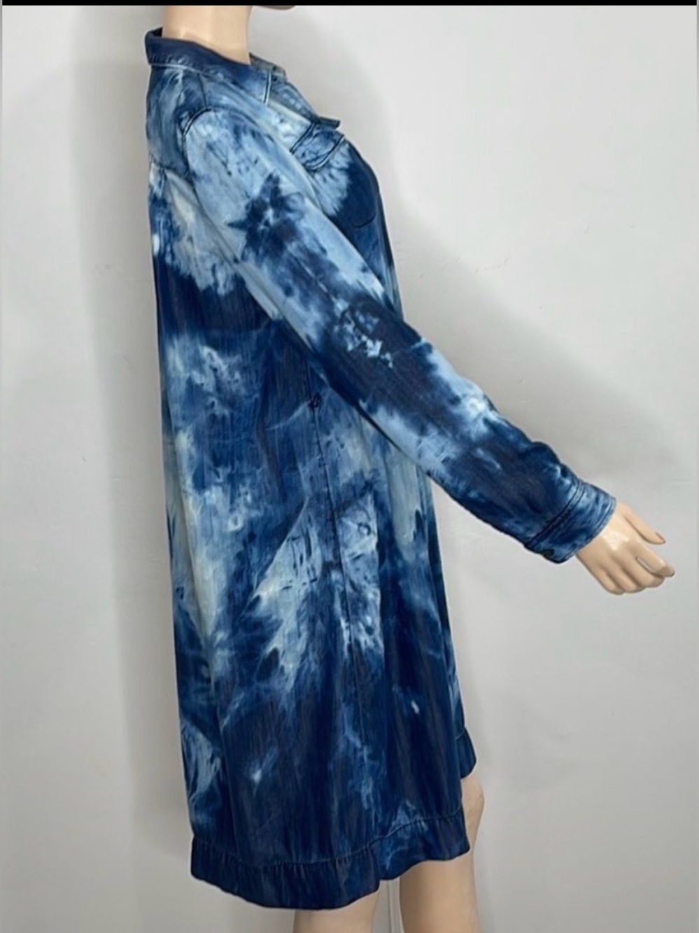 LOFT Bleach Washed Denim Shirt Dress Long sleeves Button down Collar Midi Tunic - Picture 9 of 14